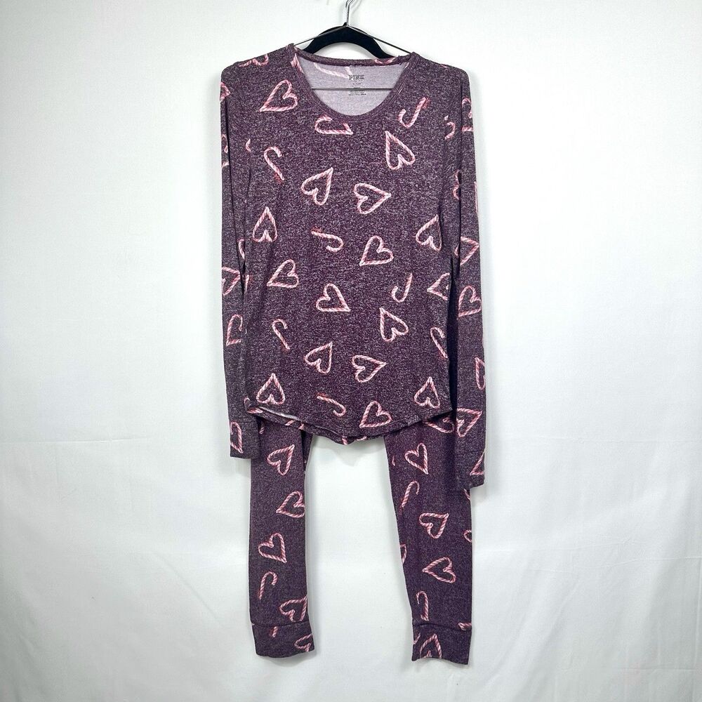 Victoria's Secret Pink Pajama Set Candy Cane Hearts Knit Purple Soft Sz M